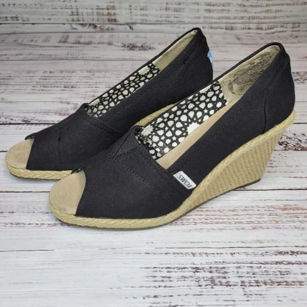 Toms Espadrille Wedge Pump Open Toe Black Canvas Size 9.5